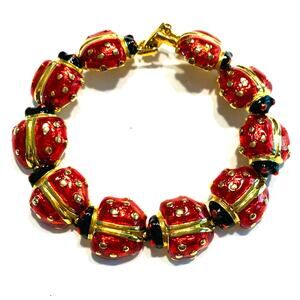 Novelty Chain Link Bracelet Goldtone & Red Enamel Ladybugs Whimsical Jewelry